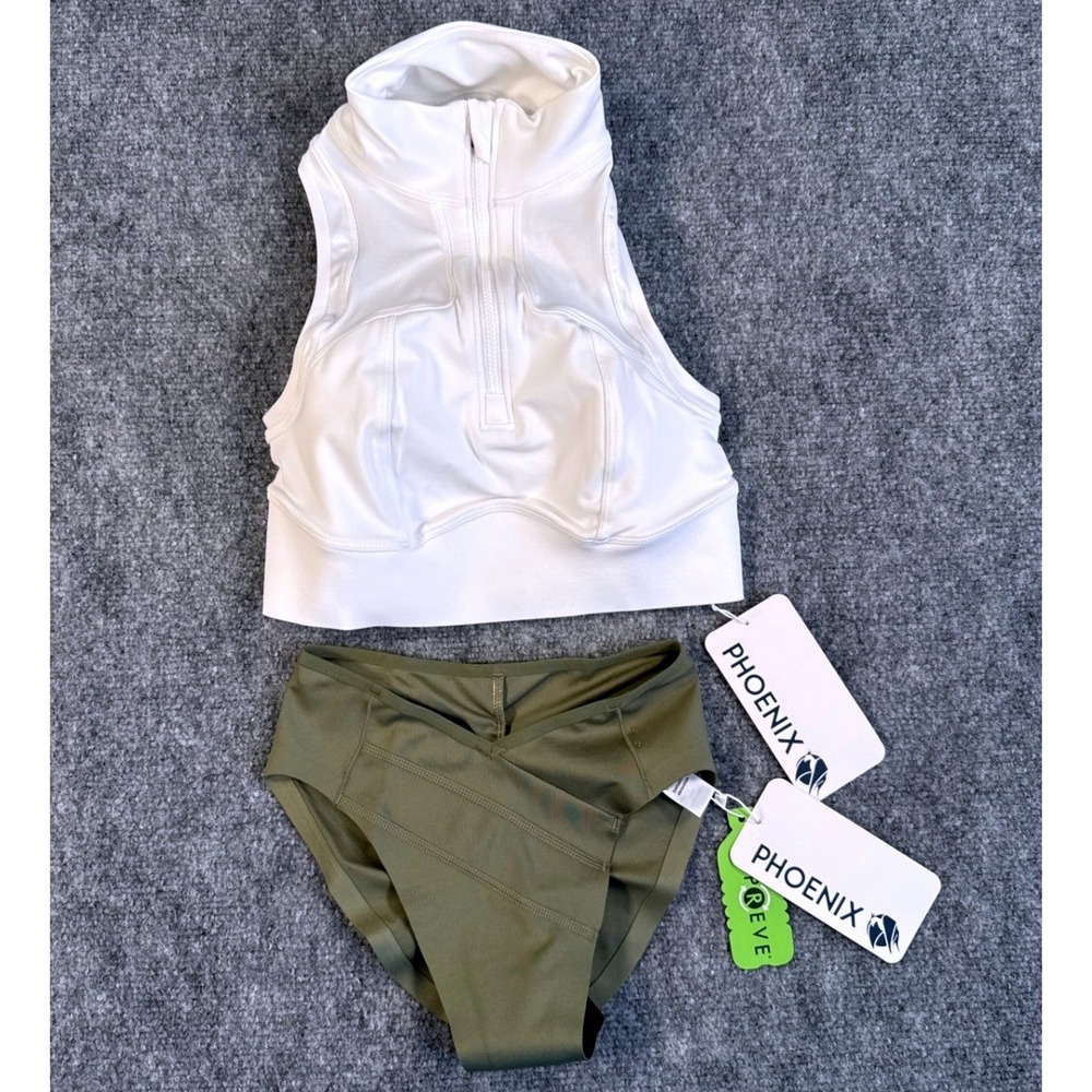 Phoenix Prague XS D-DDD White Crop Bra & XS Olive Green Bikini Bottom Set NWT